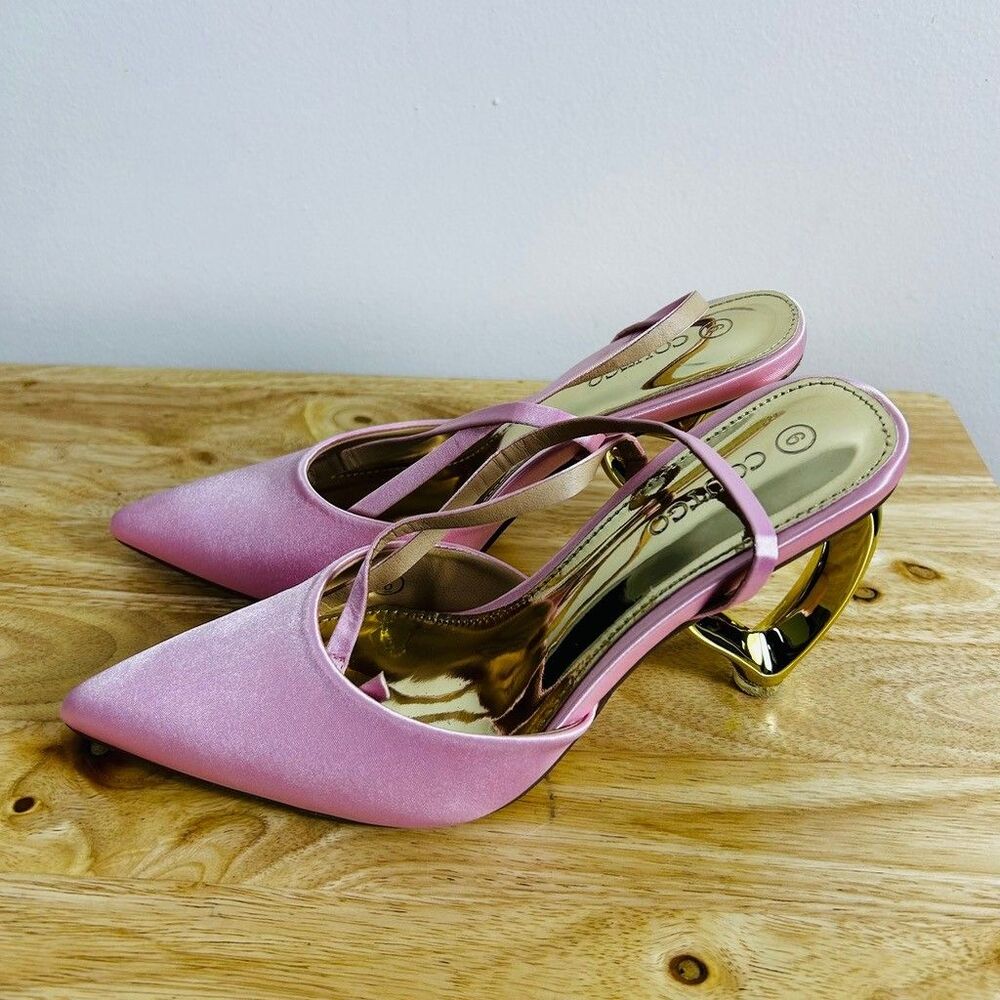 Coutgo Womens Heart Heel Pumps Size 6 Pink Satin Closed Pointed Toe Slingback